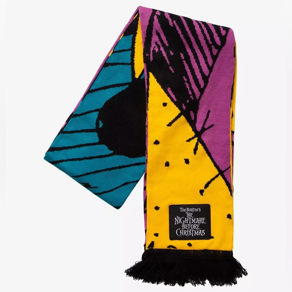 THE NIGHTMARE BEFORE CHRISTMAS SALLY PATCHWORK KNIT SCARF! Colorful Cozy Fringe - Picture 2 of 3